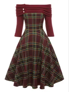 Women's Plus Size Wine Vintage Plaid One Shoulder Long Sleeves Dress, Retro Style, Casual Fashion, Perfect for Daily Wear