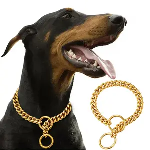 Hiphop Style Dog Collar, 18k Polished Stainless Steel Cuban Chain Links, Chew Proof, Walking Training Leash for Small & Medium Dogs