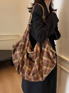 Vintage plaid lazy style large capacity tote bag, pleated drawstring design, wide shoulder strap, fashionable and popular single shoulder crossbody bag, Cross Body Bags, suitable for short distance travel, shopping, commuting, and outings
