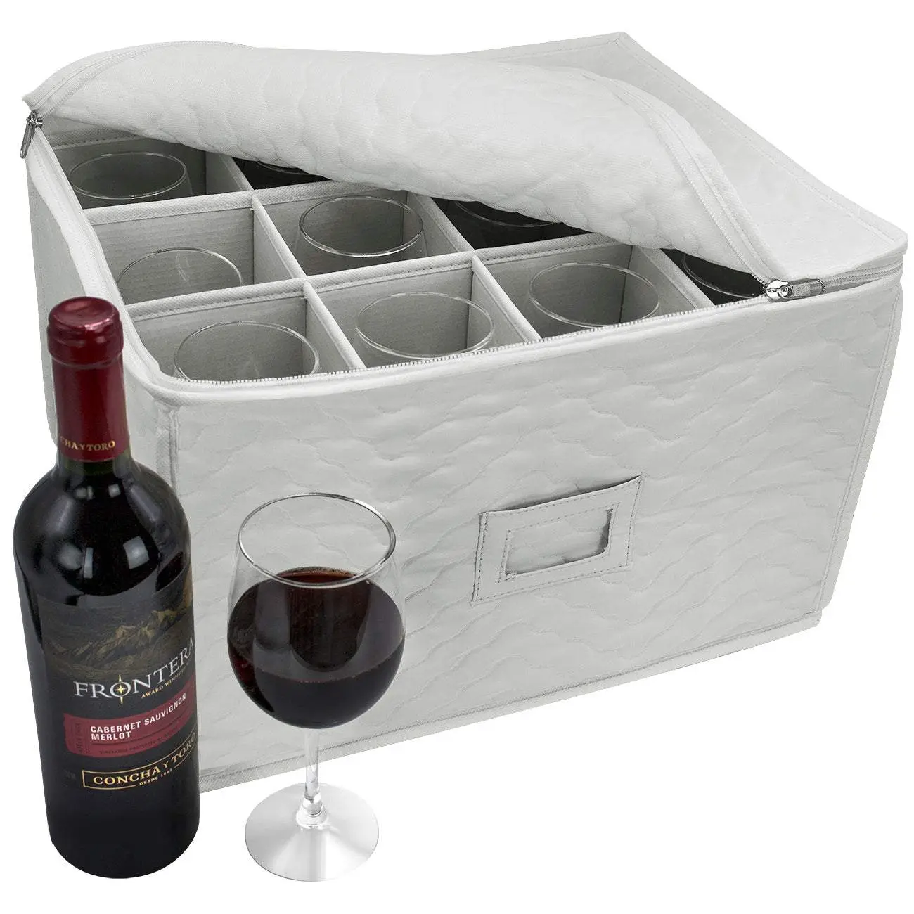Stemware Storage Chest - Deluxe Quilted Case Glass Organiser Beige Boxes