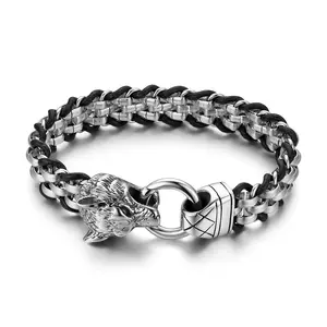 OIDEA Wolf Head Rock Braided Leather Chain Stainless Steel Bracelet Men Vintage