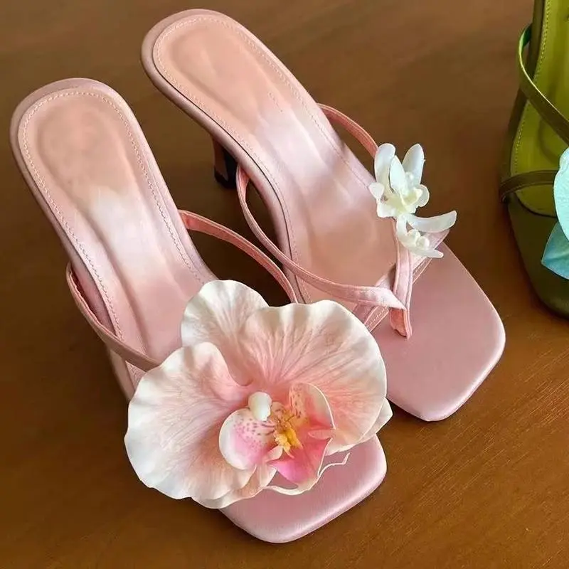 Women's Slip-On Kitten Heel Sandals - Moth Orchid Satin, Asymmetric Square Toe, Pink, Elegant Summer Outdoor Sports Walking Footwear, Kitten Heels