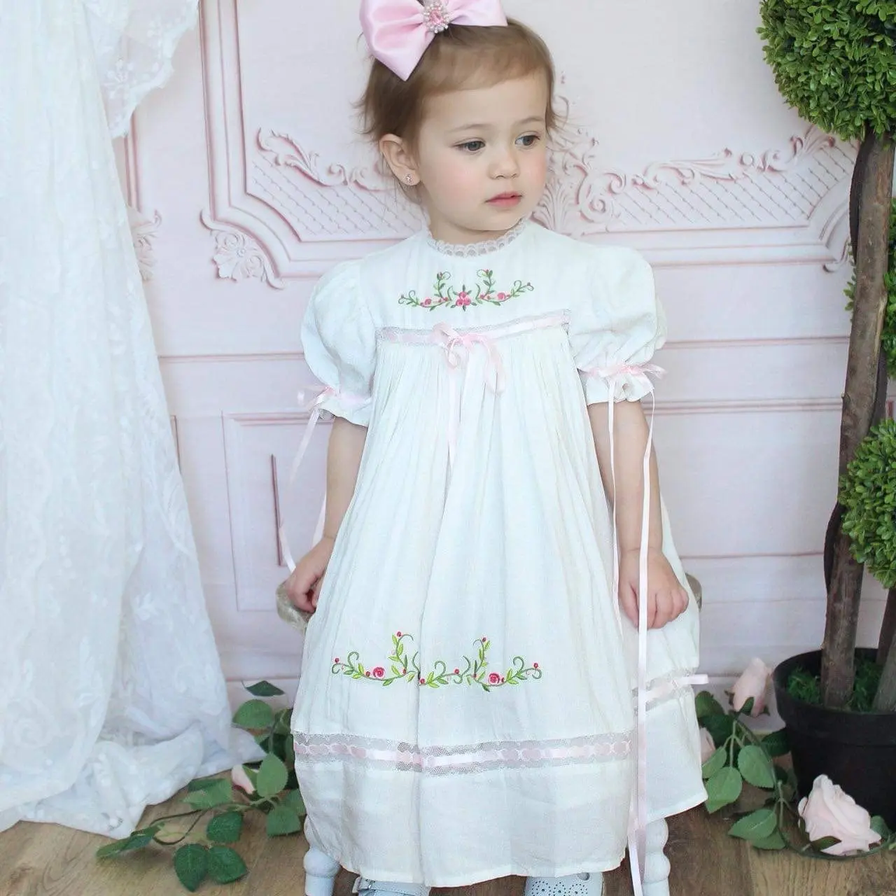 Girl Dress, Pink Machine Embroidered Floral Heirloom, Lace Crew Collar, Puff Sleeve, Cotton Kids Casual Clothing