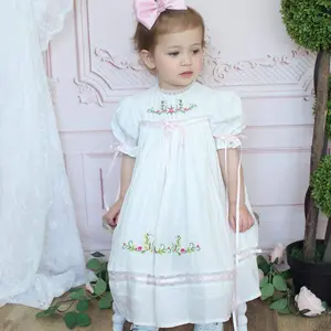 Girl Dress, Pink Machine Embroidered Floral Heirloom, Lace Crew Collar, Puff Sleeve, Cotton Kids Casual Clothing