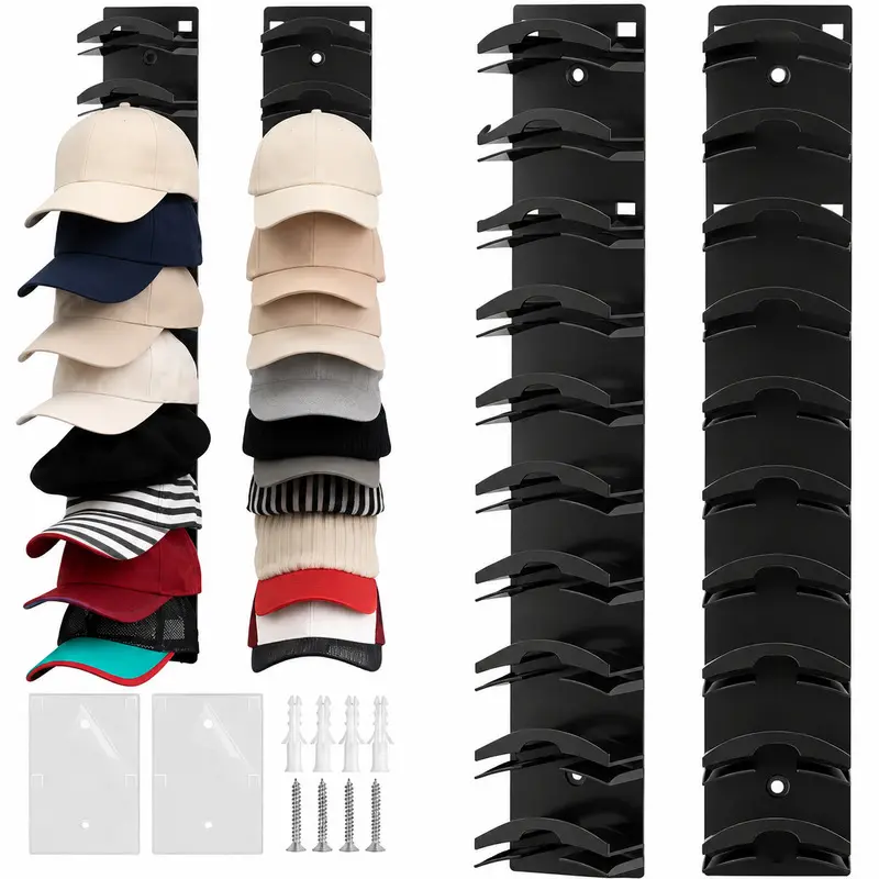 Hat Organizer for Baseball Caps 2Pack, Hat Rack for Wall with Strong Adhesive Hold up to 20 Hats, Hat Hanger Holder Display for Door Closet, Cap Organizer Storage Multilayer Two Mounting Option(Black) Wall-Mounted Multilayer Adjustable Hat Hooks