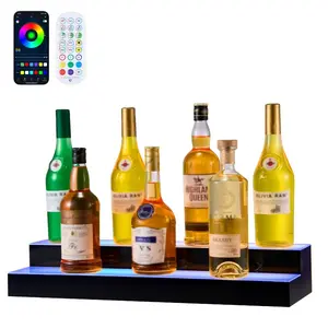 VEVOR LED Lighted Liquor Bottle Display, 2 Tiers 24 inches, Supports USB, Acrylic Illuminated Home Bar Shelf Display with RF Remote App Control, 9 Static Colors, Timing Mode, for 12-16 Bottles