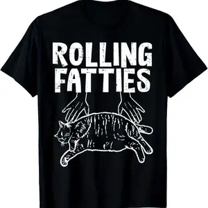 100% Cotton Rolling Fatties Cat Graphic T-Shirt, Cotton Crew Neck, Short Sleeve