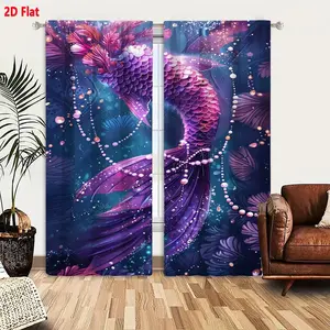 2D Flat Enchanted Mermaid Tail Purple Gradient Pink Blue Iridescent Scales 2-Piece Curtain Set, Magical Underwater Dreamy Blue Background Bead Accents Sparkling Glow Light Effect for Kids Bedroom Living Room Decor