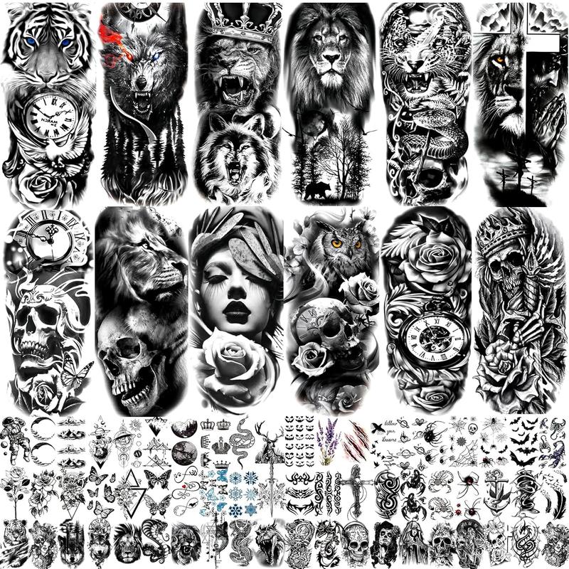72 Sheets Temporary Tattoo for Men Women Adults, Include 12 Sheets Black 3D Half Sleeve Temporary Tattoos, Halloween Tattoos Scary Lion Wolf Tiger Skull Skeleton Tattoos Stickers Flower Water Proof Kit Long Lasting