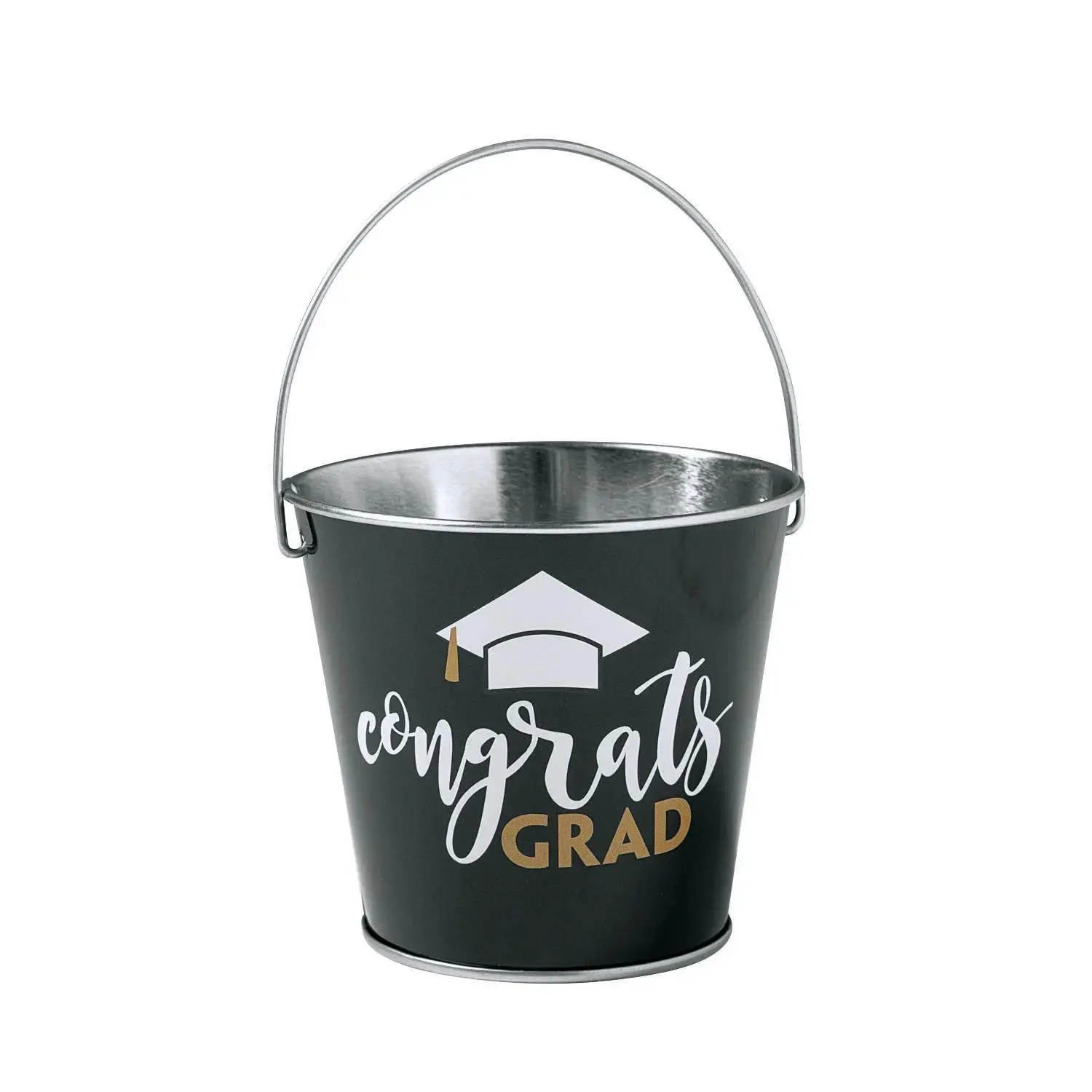 3x3¼ Inches Small Size Black Metal Bucket - 12 Pc Graduation Favors, Mini Congrats Grad Pails with Handle, Not Food Safe