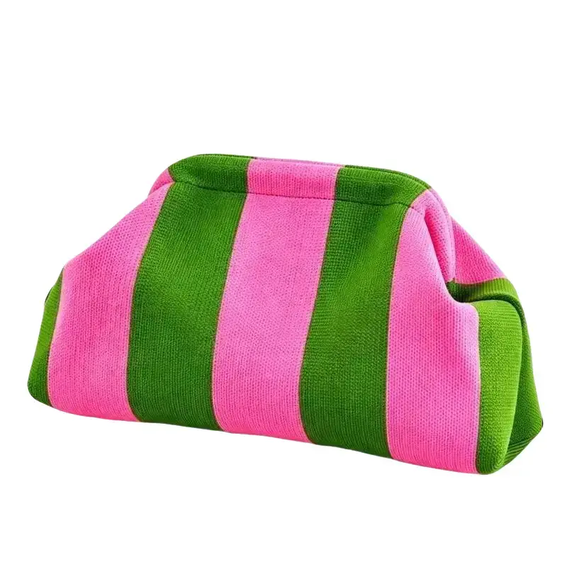 Women's Striped Knit Makeup Bag - Trendy Pink Green Beauty Products Pouch, Soft Textured Fabric, Spacious Clamshell Design with Gold Clasp, Cute Lightweight Portable for Everyday Use & Travel, Compact