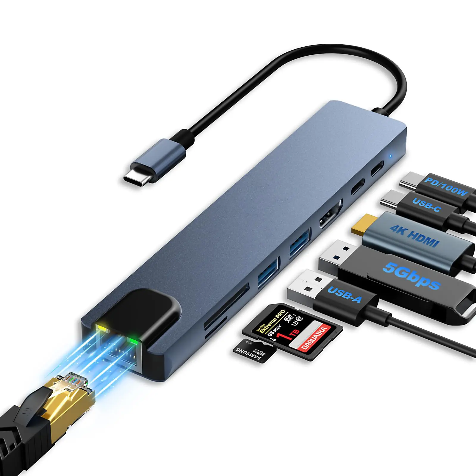 USB C HUB, 8 in 1 USB C Adapter with 4K HDMI, 100W PD, USB C Port, USB 3.0, RJ45 Ethernet, SD/TF Card Reader, Docking Station Compatible with MacBook Pro/Air USB C Laptops and Other Type C Devices #SummerVibes