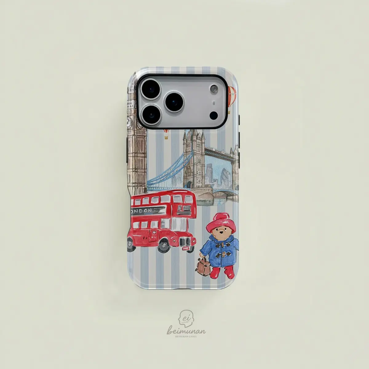 1PC London Paddington Bear Hot Air Balloon Print Phone Case，Rugged Shockproof 2in1 Protective Shell for iPhone 17 16 15 14 13 12 Pro Max， Samsung Galaxy S25 S24 S23 S22 Ultra Series Holiday Gift Minimalist Fashion Cover