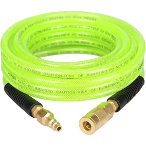 Reinforced Polyurethane Air Hose 1/4" Inner Diameter by 25' Long, Flexible, Heavy Duty Air Compressor Hose with Bend Restrictor, 1/4" Swivel Industrial Quick Coupler and Plug, Green