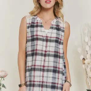 Plaid button-down sleeveless shirt with crochet back