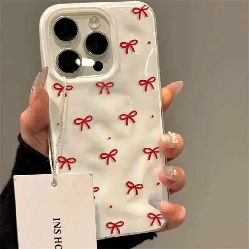 Red Bow Dots Folds Texture Phone Case For iPhone 11 Funda iPhone 17 13 14 15 16 Pro Max 12 Plus 14promax Shockproof Soft Cover