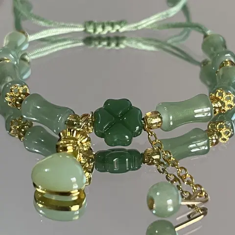 Chinese Style Four Leaf Clover Design Beaded Bracelet, Fashionable Bracelet, Fashion Resin Glass Bead Bracelet for Women for Party & Daily Wear, for Birthday Gift