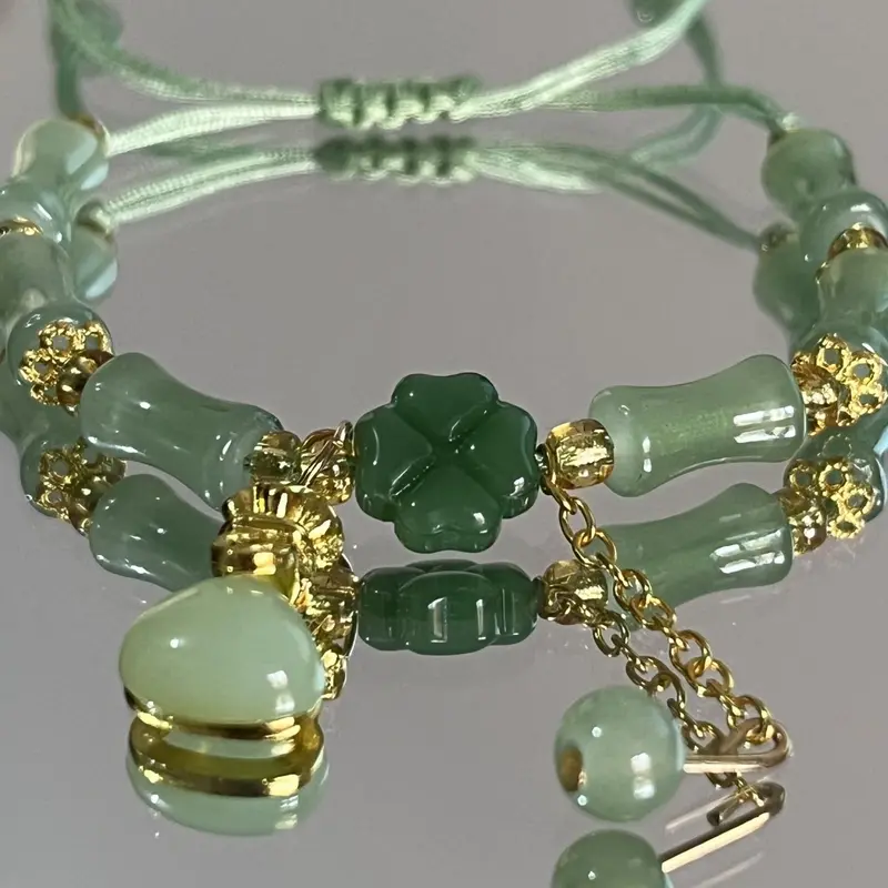 Chinese Style Four Leaf Clover Design Beaded Bracelet, Fashionable Bracelet, Fashion Resin Glass Bead Bracelet for Women for Party & Daily Wear, for Birthday Gift