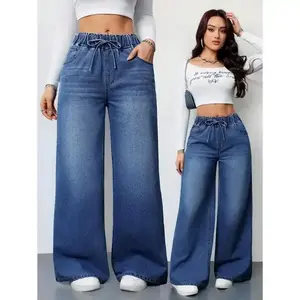 Women's Jeans Casual High Waist Wide Leg Trousers Blue Women's Jeans Women's Summer Clothing Elastic Waistband Jeans Jeans Casual Loose Straight Pants