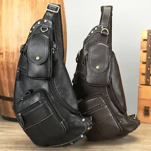 Fashionable men's genuine leather chest bag, high-end vintage handmade men's crossbody bag, large-capacity men's cowhide chest bag