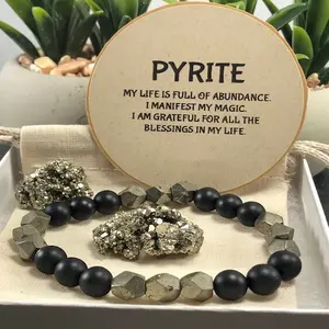 Natural Pyrite & Black Agate Bracelet – 8mm Raw Stone Beads, Wealth & Protection Jewelry, Earth Chakra, Unisex Vintage Style, Holiday Gift for Men Women