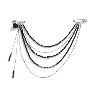 Ingemark Unique Black Crystal Beads Long Brooches Women Trendy Multi-layer Copper Chain Shirt Collar Suit Clip Pin Accessories