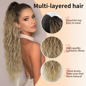 hair extension synthetic hairpiece Long Ponytail Extension Claw Upgrade 30inch Ombre Black Root with Blonde Curly Clip in Hair Extensions Fluffy Natural Looking Synthetic Hairpieces for Women Easy to Use Loose Curly