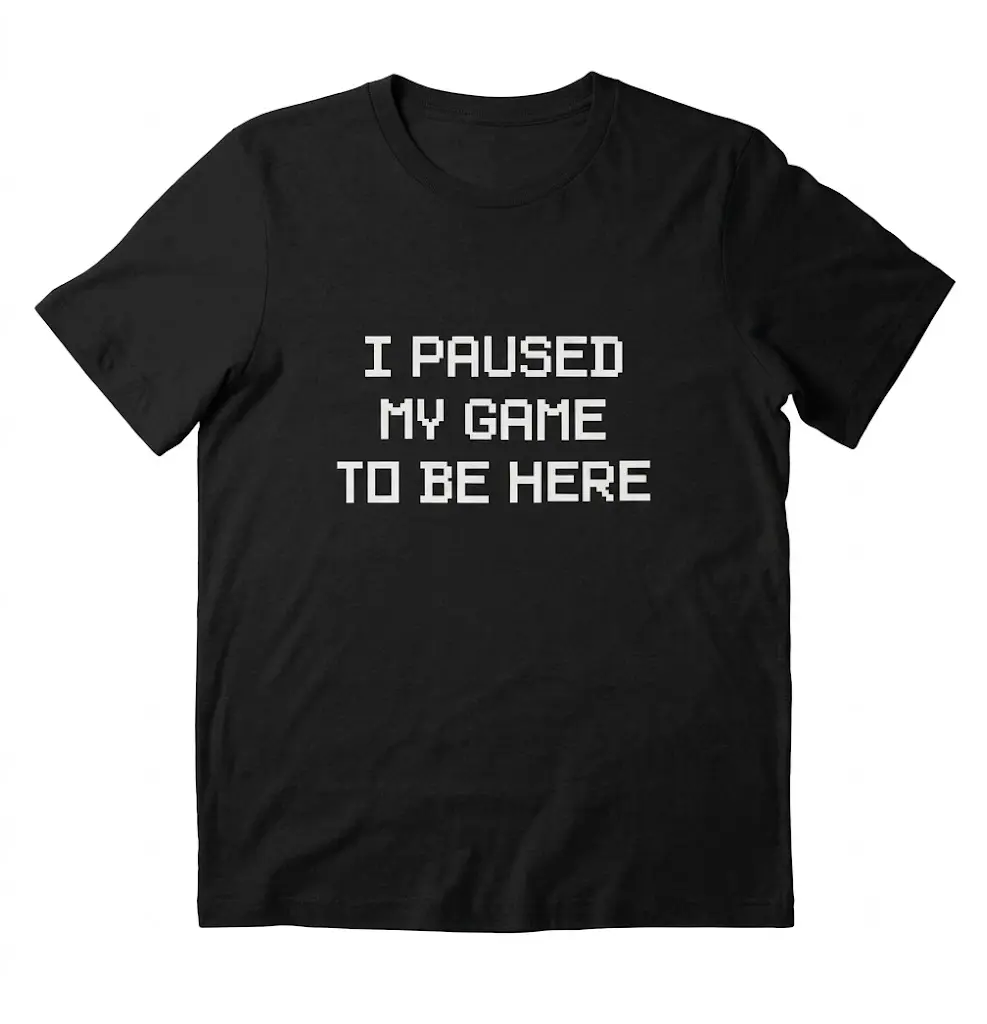 Women’s Black Gamer Graphic T-Shirt, I Paused My Game To Be Here Funny Gaming Quote Tee, Pixel Letter Print Short Sleeve Crew Neck Shirt, Casual Video Game Streetwear Top