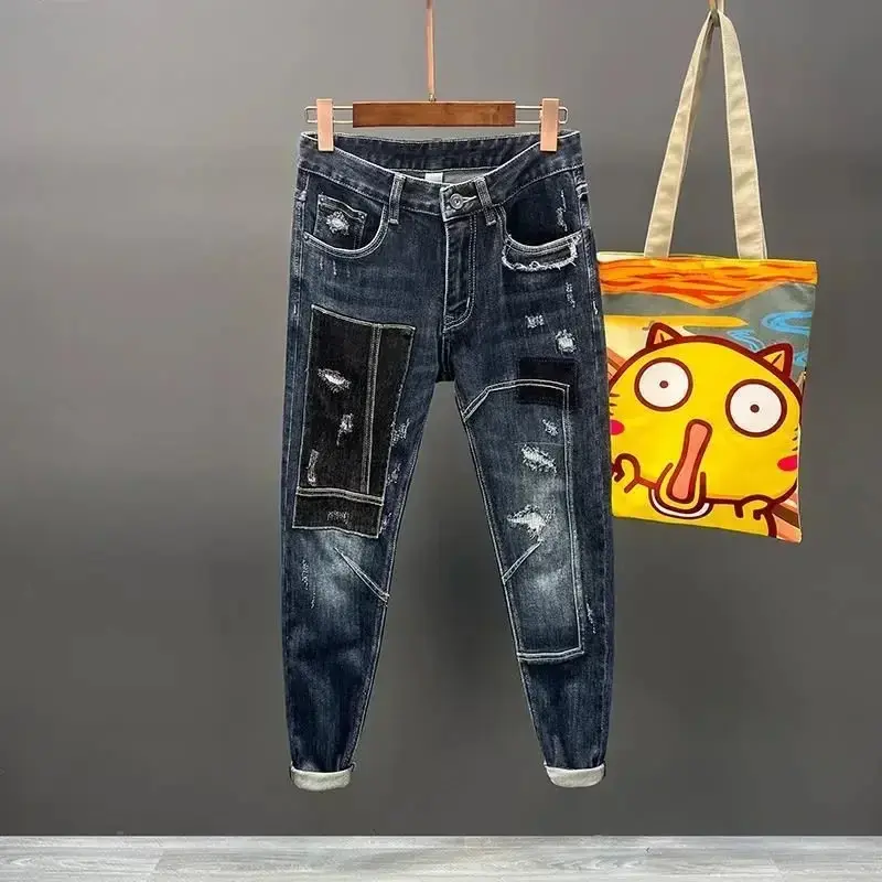Men's Stretch Denim Spliced Graphic Print Jeans - Korean Style Stacked Straight Leg, Plus Size Autumn Streetwear Menswear