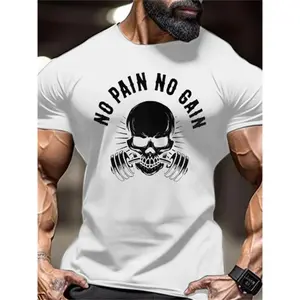 Men's 3D Printed Gym T-Shirt - Quick-Dry Moisture-Wicking Workout Tee with "NO PAIN NO GAIN" Skull Graphic, Breathable Round Neck Short Sleeve for Training & Casual Summer Wear, Gym Shirts, Quickdry Fabric Novelty Graphic T Shirt funny tshirt Undershirts