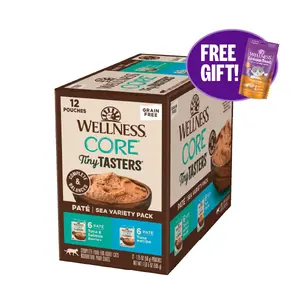 Wellness CORE Tiny Tasters Pate Variety Pack Adult Wet Cat Food, Natural, Protein Rich, Grain Free, Sea Recipies, 1.75 oz, Pack of 12 Pouches