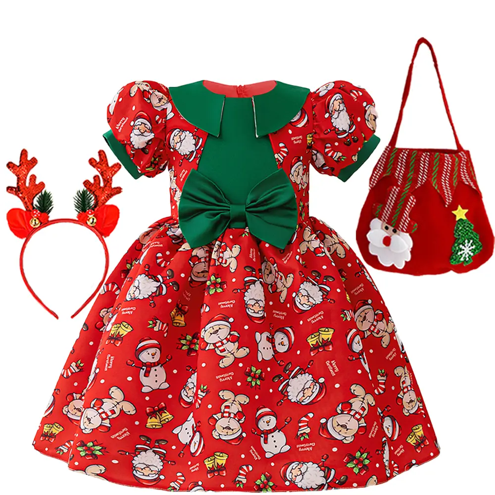 090 (Dress + all accessories) Christmas dress puff sleeve princess dress cartoon snowman dress bow party dress skirt