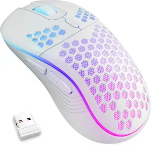 MELOGAGA Wireless Gaming Mouse Honeycomb 2.4G USB Cordless Mouse RGB Rechargeable PC Game Mice with 7-Color LED Lights，3 Adjustable DPI for Windows Laptop Desktop Computers -White