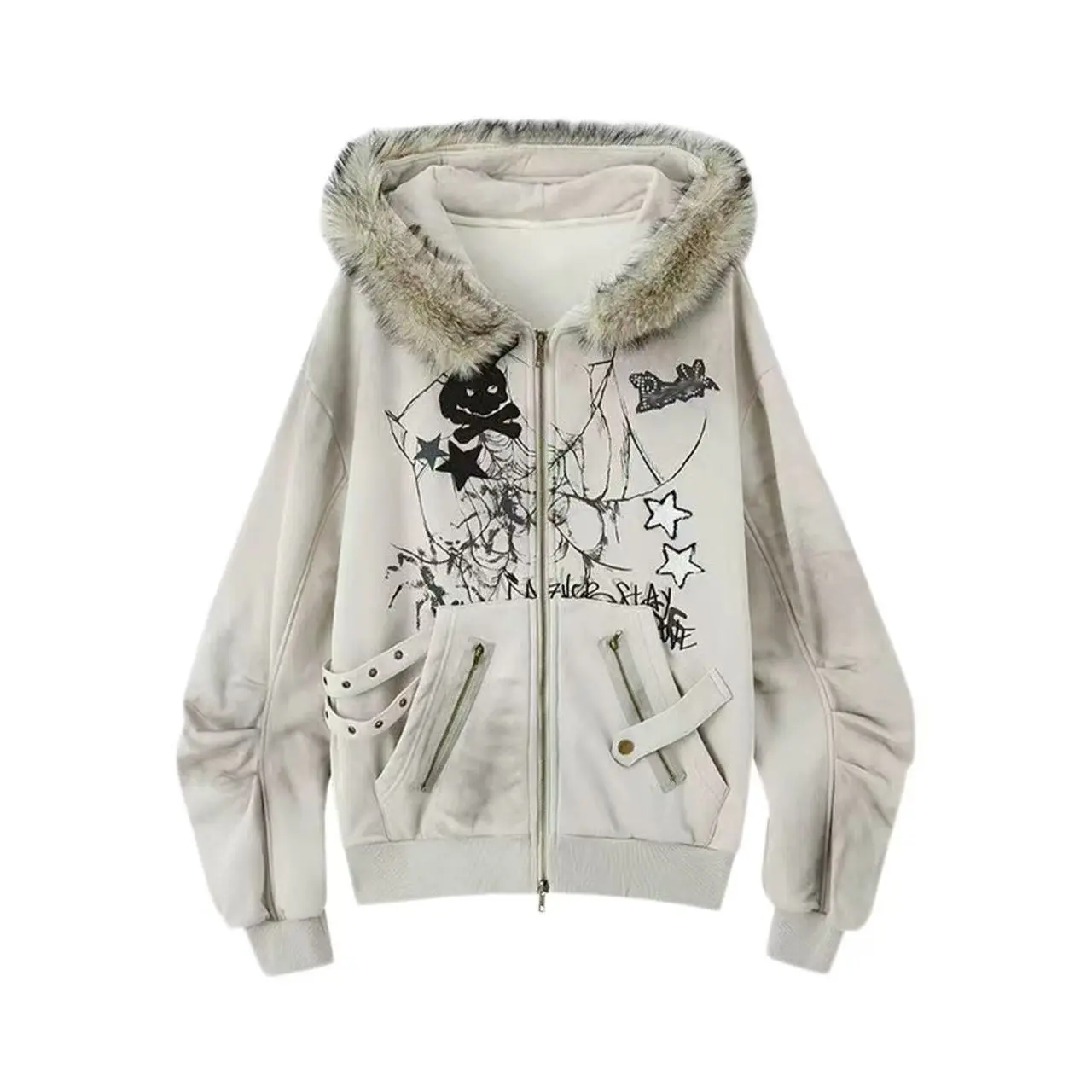 ALIELNOSIRRAH 'Basement Rabbit' Bunny Ears Fur Zip Up Hoodie