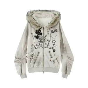 ALIELNOSIRRAH ‘Basement Rabbit' Bunny Ears Fur Zip Up Hoodie Sweater Graphic Fluffy Hood Harajuku Grunge Oversized Jacket