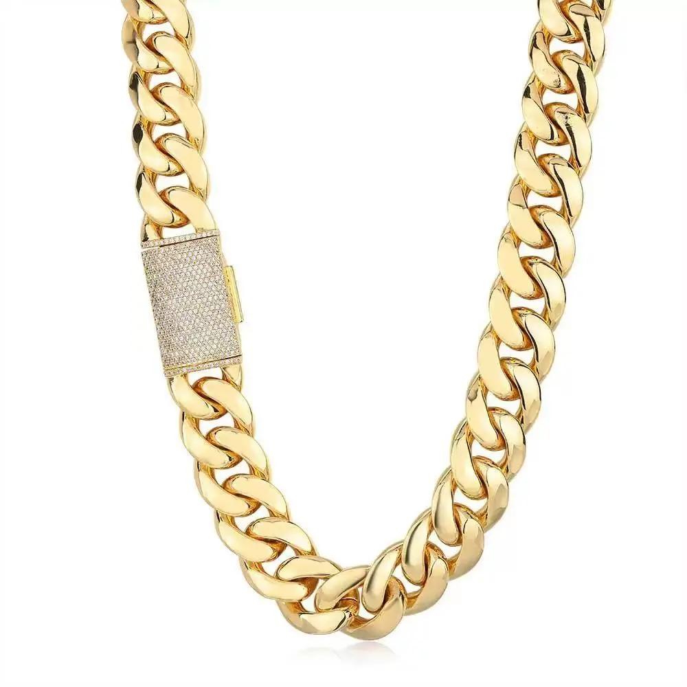 Gold Choker Miami Cuban Link Necklace - Heavy Unisex Hip Hop Streetwear Accessory with Iced Out Cubic Zirconia Box Clasp