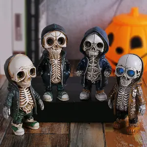 Skeleton Street Fashion Figures, Set of 4 – Collectible Halloween Decor, Urban-Style Dressed Skeleton Ornaments, Ideal for Spooky Decorations and Gifts