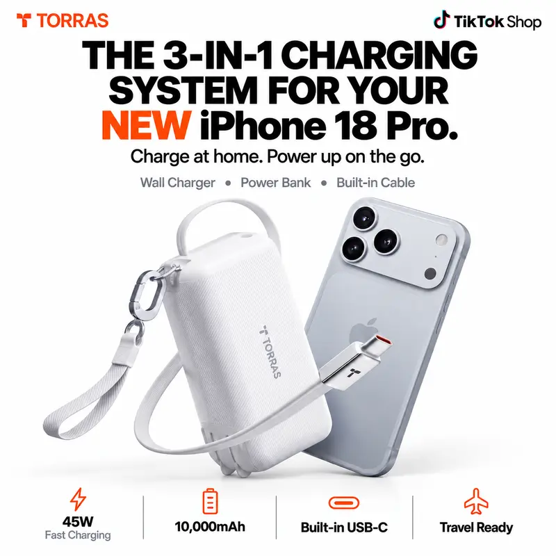 TORRAS EasyGo Series 3-in-1 Charging System for iPhone 18 Pro, 45W GaN Charger + 10,000mAh Power Bank + 3.3ft Retractable USB-C Cable with Travel Hook