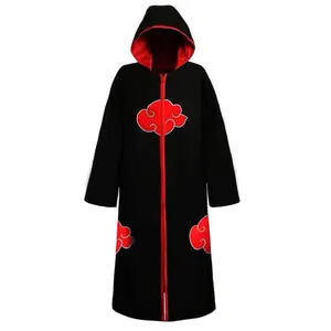 Hooded Akatsuki Costume for Halloween and Cosplay with Red Cloud Design and Zipper Closure