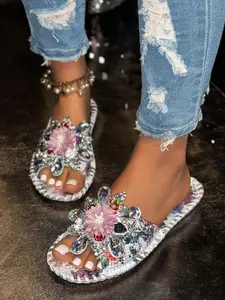 Elegant Rhinestone Flower Slipper Women, Summer New Linen Bottom Cool Slippers, Graceful Fairy Style Shoes