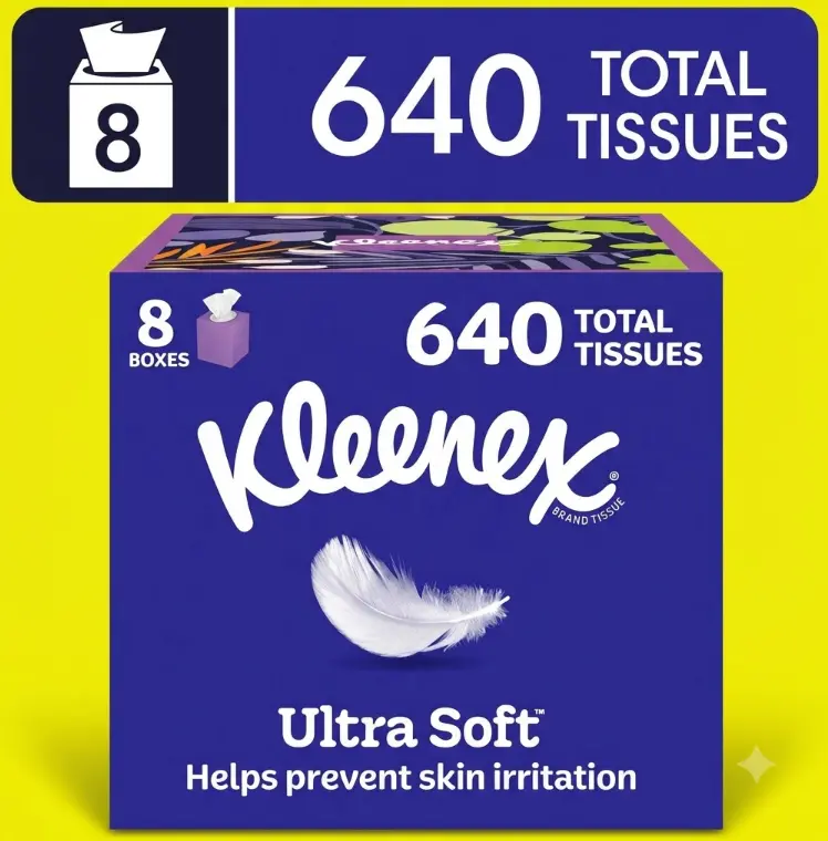 Kleenex Ultra Soft 3-Ply Cube Box Tissues 8 Pack 640 Ct Soft Elastic Breathable Facial Tissues