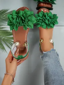 Handmade Floral Sandals Women 2026 New Pearl Buckle Flat Roman Shoes, Boho Style, PU Leather, Rubber Sole, Outdoor Beach Shoes
