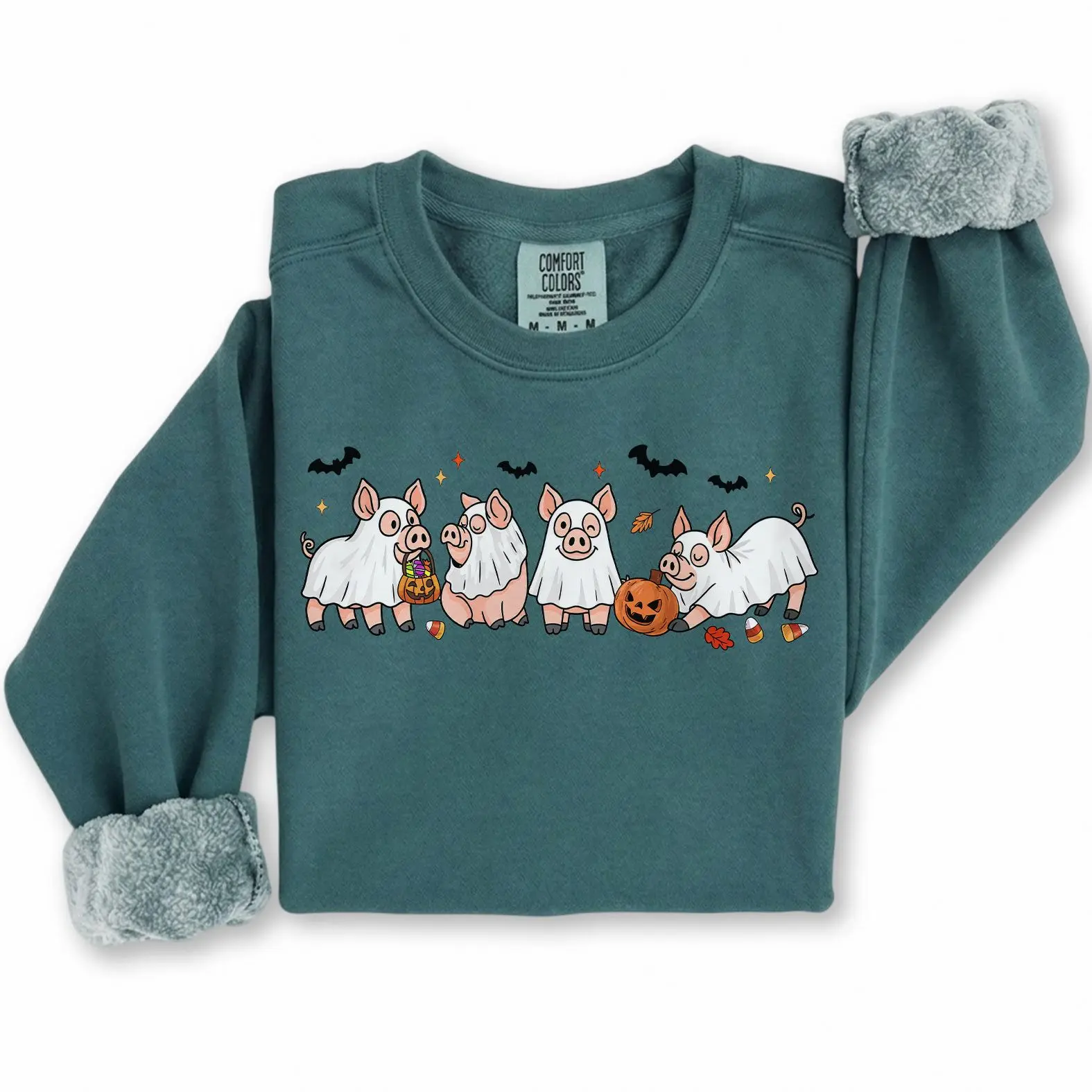 Comfort Colors Halloween Pig Crewneck Sweatshirt, Ghost Pig Costume Pumpkin Bat & Candy Graphic Pullover, Spooky Pig Lover Gift