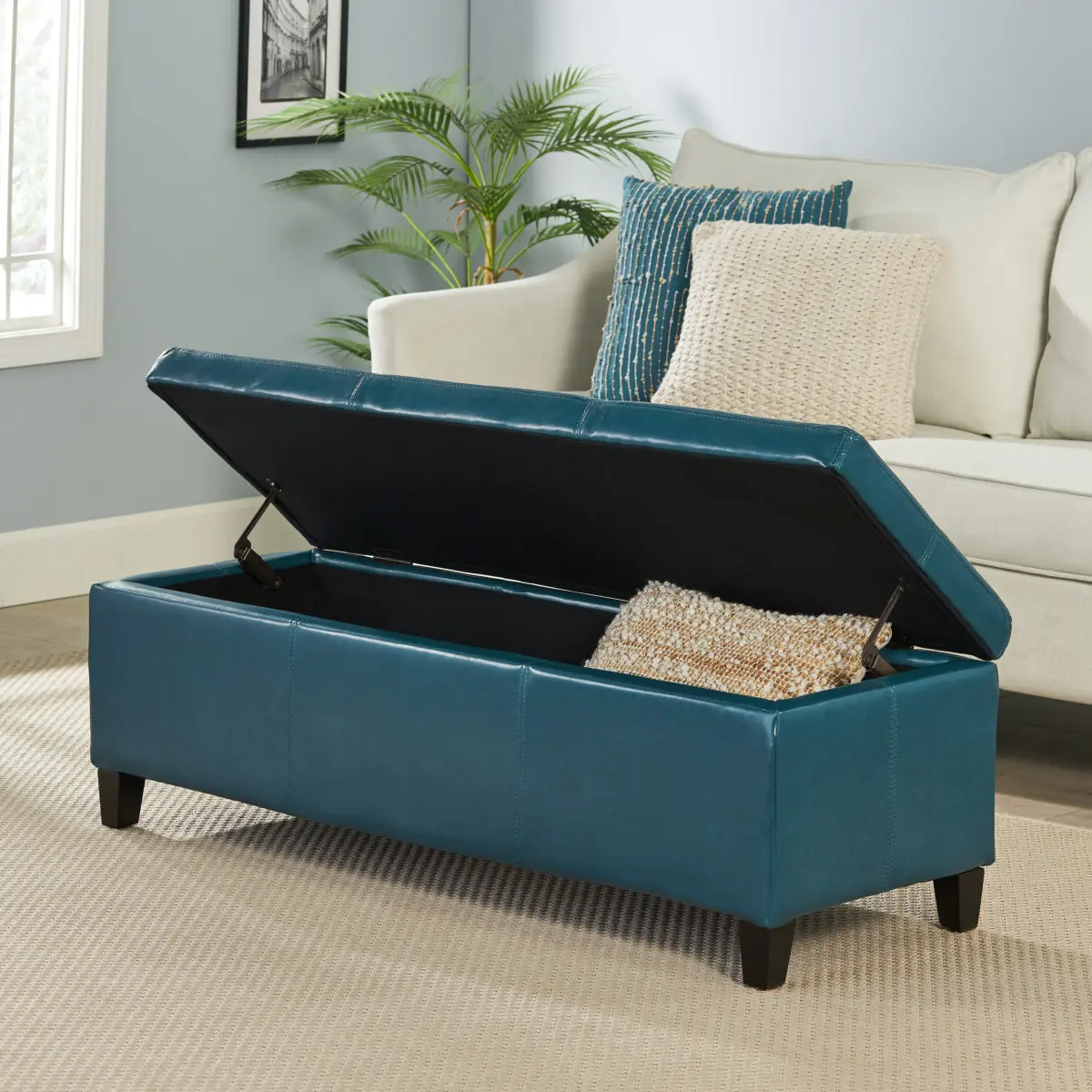 Faux Leather Rectangle Storage Ottoman Bench - Solid Wood Furniture Frame, Pressure Hinges, 50.9x17.3x16.3in, Comfortable and Durable, All Tools Included, Modern Indoor Stool for Entryway, Living Room (Assembly Required)