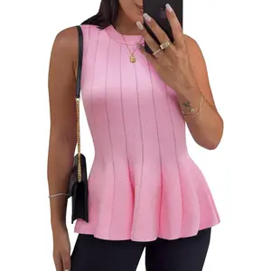 Imily Bela Womens Pleated Peplum Tank Tops Fitted Ribbed Knit Crew Neck Blouses Summer Sweater Vest