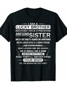 1pc Funny Brother Christmas T-Shirt - 100% Cotton Casual Round Neck Short Sleeve Tee with I Am A Lucky Brother Graphic Print for Men - Regular Fit, All Seasons, Black, Graphic Tee Shirts Mens Streetwear, Comfortable & Machine Washable-Ideal for