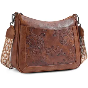 Embossed Floral Crossbody Bag for Women – Cognac Brown Vegan Leather Hobo Shoulder Bag with Sculpted Vintage Texture, Lightweight Large Capacity Multi-Pocket Everyday Purse & Wide Strap, Perfect Gift for Her – Birthday, Holiday & Daily Use