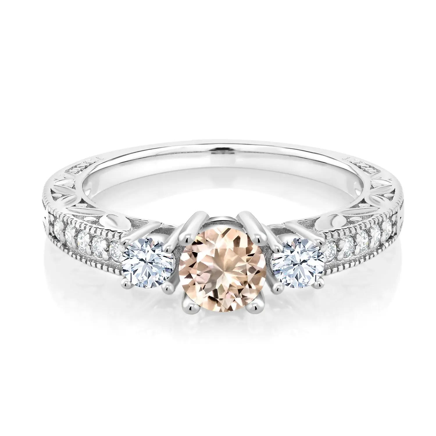 0.79 Cttw Peach Morganite and White Created Sapphire Engagement Ring For Women | 925 Sterling Silver | Round 5MM | Wedding Engagement Anniversary Promise Ring For Women