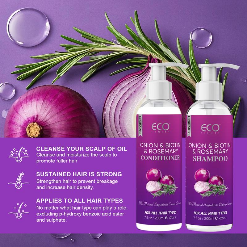 ECO Finest Onion and Rosemary Biotin Shampoo and Conditioner Set, suitable for all hair types, moisturizing formula, paraben-free, 800ml total.