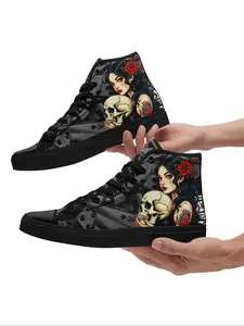 Valentine's Day Men's Skull & Rose Print Lace Up Canvas Shoes, Fashionable High Top Sneakers for Daily Wear, Casual Comfortable Sports Shoes for Men, Trainer